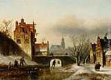 Town Canvas Paintings - Figures on a frozen canal in a Dutch town